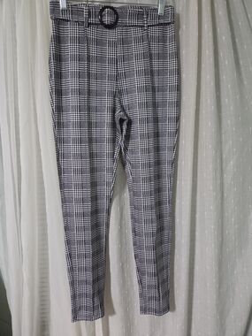 SHEIN High-Waist Plaid Slim Pants with Sewn In Belt